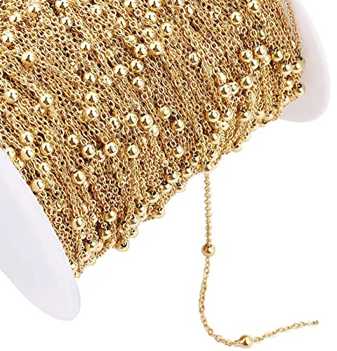 16.4 Feet Gold Stainless Steel Curb Thin Chain Twisted Link Cross Cable Chain 3.5mm Satellite Beaded Chains Necklace with Spool for DIY Jewelry Making