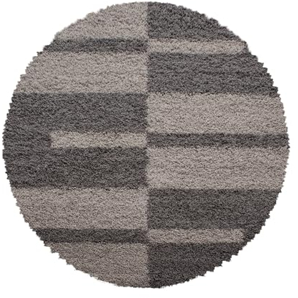 Teppium Moderner Hochflor Teppich Wohnzimmer 200 cm Rund Taupe - Shaggy Flauschiger Teppich, Extra Weich, Pflegeleicht und Kariertes - für Schlafzimmer, Küche und Esszimmer