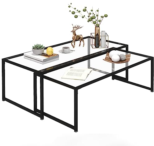 HOMCOM Couchtisch 2er-Set Beistelltisch, Kaffeetisch mit Tischplatte aus Glas, Satztisch, Wohnzimmertisch, Glastisch für Schlafzimmer, Wohnzimmer Schwarz