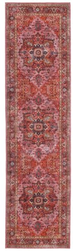 RugVista Georgia Oriental, Tappeto, Orientali, 80 x 300 cm, Rettangolare, Pelo corto, Soggiorno, Camera da letto, Cucina, Corridoio, Lavabile in lavatrice, Rosso/Rosa