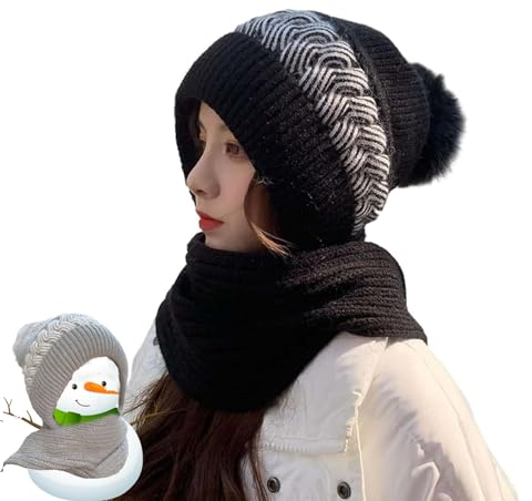 LTHTX Integrierter Ohrenschutz, winddichter Kappenschal, Strickmütze, Winter, Kapuzenschal für Damen, Winter, Schwarz, Einheitsgröße