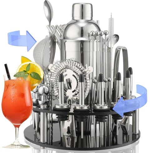 CKductpro Cocktail Set Professionale 41 Pezzi - Bar Kit con Supporto Rotante 360° in Acrilico e Corpo Acciaio Inox - Completo per Bartender e Appassionati di Cocktail