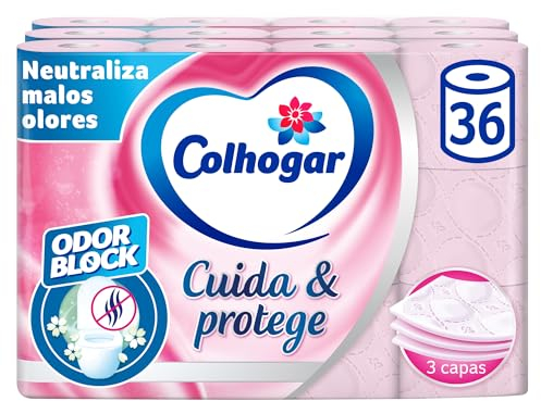 Colhogar, Cuida&Protege 3 x 12, Papel Higiénico con tecnología Odor Block, neutraliza malos olores, Paquete con 36 Rollos, 3 Capas, rollos color rosa y con una fragancia fresca