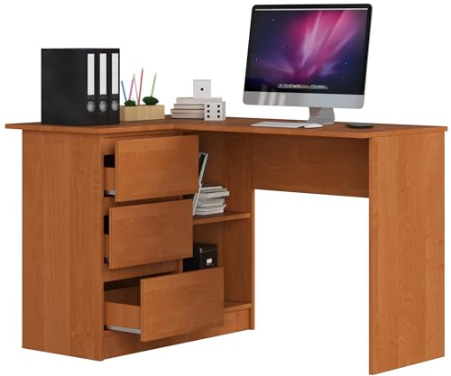 BDW Eckschreibtisch Links, 3 Schubladen und 2 Regale, Schreibtisch mit Regalen, viel Platz zum Entfalten, für Jugendzimmer, Büros und Ateliers, Arbeitstisch, Bürotisch 124x77x85 cm, Erle