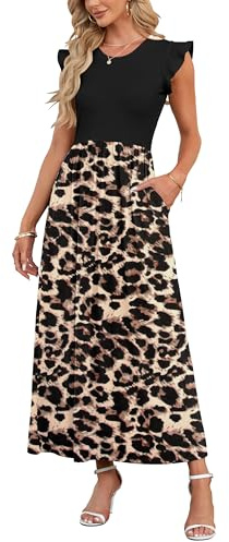 AUSELILY Women's Summer Elegant Ruffle Short Sleeve Crewneck Maxi Dress for Club Party Black Leopard Print Casual Long Dresses with Pockets L