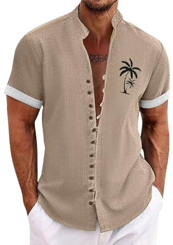 Chemise Lin Homme Vintage, T-Shirts à Manches Courtes Homme Col Mao,Blouse De Travail Homme Imprimé BoutonnéE Solide Haut D'éTé Grande Taille Hawaienne Top RéTro DéContractée Ample Tunique pour Plage