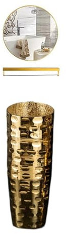 Lavabo de columna dorado de lujo, fregadero de pedestal dorado galvanizado de cerámica todo en uno, lavabo de baño artístico de pie con grifo, desagüe y espejo(Size:B)