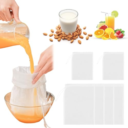 VCRANONR 6 Stück Nussbeutel mit Kordelzug, feinmaschiges Filterbeutel, Nylon Siebbeutel, Waschbar Käsetuch, Pressbeutel, Filtertuch, Nussmilchbeutel, Passiertuch Saft, Filtertücher (20*15cm, 30*20cm)