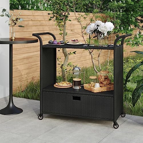 Lauuoeriau Home Items, Barwagen mit Schublade, schwarz, 100 x 45 x 97 cm, Poly-Rattan, Anzugmöbel