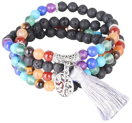 DyLyz Boho Mala Wickelarmband Lavasteinperlen Mehrschichtiges Armband Vintage Lebensbaum Charm Quastenarmbänder Chakra Kristall Yoga Reiki Armreif Handgelenk Für Frauen Männer