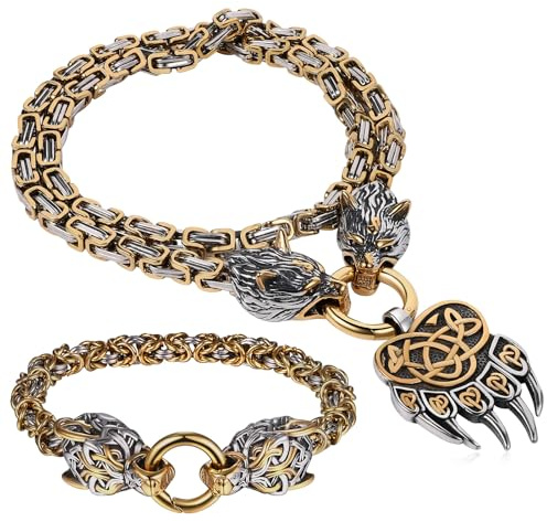OIDEA Wolf Head Viking Necklace Bracelet for Men: Punk Gothic Byzantine King Chain Bear Claw Pendant Link Chain Bracelet Nordic Amulet Jewelry Gifts, Silver Gold, 20 inch