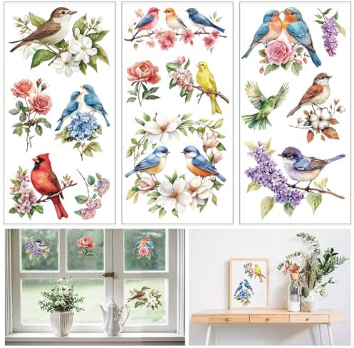 GLOBLELAND 3 Stück Blumen Und Vogel Möbeltransfer 6x12 Zoll Blumenkranz Und Vögel Zum Aufreiben Selbstklebende Wandkunst Aufkleber Für Schlafzimmer Wohnzimmer Schreibtisch Tischdekoration