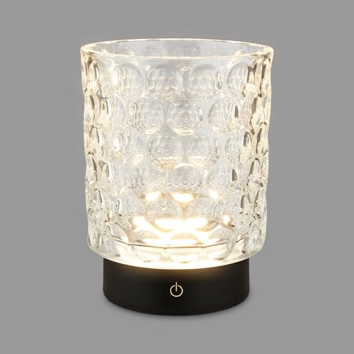 BRILONER - LED Table lamp Cordless IP44 with Glass Body, Touch dimmable in Steps, Rechargeable Battery & Light Source Interchangeable, Bedside lamp, Decorative lamp, Rechargeable Table lamp, 15x11cm