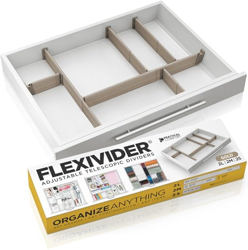 PRACTICAL COMFORT Flexivider – Verstellbare Schubladentrenner aus Aluminium (6 cm) – Modulares Rastersystem für individuelle Einteilung in flachen Schubladen – 6-tlg. Set (2L+2M+2S) – Gold