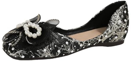 Zapatos de bailarina para mujer, sin cordones, sin manos, informales, cómodos, ligeros, planos, con lazos y tacones bajos, con lentejuelas brillantes, para fiestas, bodas, Negro , 36 EU