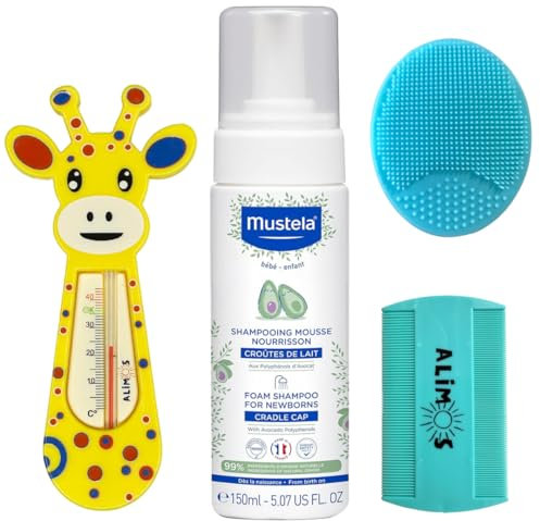 Schaum-Shampoo für Neugeborene, 150 ml, gebündelt mit Alimos Baby-Bade-Silikonbürste und feinem Zahnkamm und Badethermometer