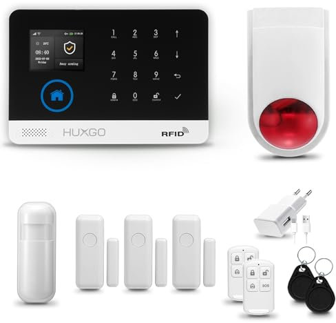 HUXGO® HXA003 Sistema de Alarma inalámbrico con Sirena Exterior WiFi + gsm | Kit Alarma con 1x Sensor de Movimiento, 3X alarmas de Puerta/Ventana | Idioma Español