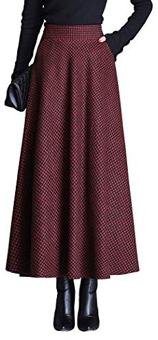 BiilyLi Gonna Lunga Inverno Donna Vintage Vita Alta Elegante Quadri Lana Maxi Skirt A-Linea Gonne 1951 Wine Red -L