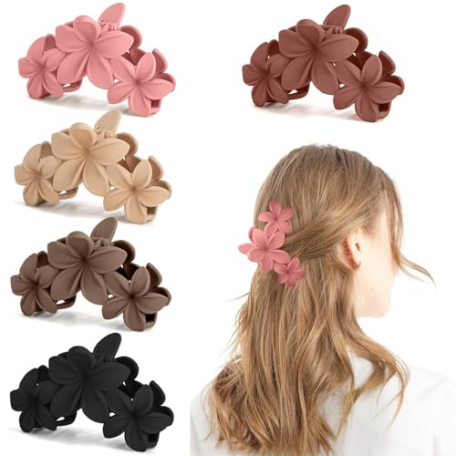 Lot de 5 pinces à cheveux en forme de fleur mate pour femme - Antidérapantes - Grandes pinces à cheveux pour femmes et filles - Accessoires de coiffure pour femmes et filles - Cheveux bouclés longs et