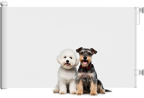 PawHut Cancellino per Cani Piccoli Estensibile 0-140 x 86.5 cm, Cancelletto per Animali Retrattile con Blocco Automatico per Porte e Scale, Bianco
