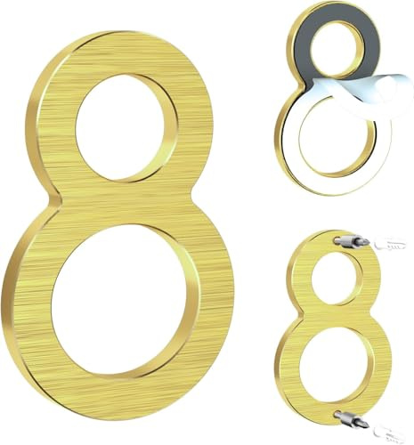 Yafimea Número de casa exterior dorado 12,5 cm – En aluminio macizo con acabado cepillado, adhesivo o con tornillos, resistente al clima – Para puerta, pared, valla, garaje (8)