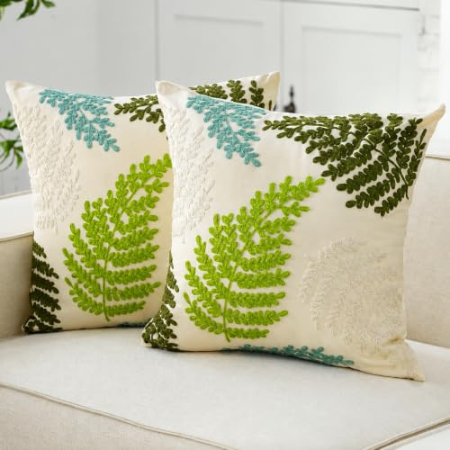 HunnmingRe 2 Pcs Sage Green Plant Embroidered Pillow Covers 18 x 18 Inch Tropical Fern Herbs Botanical Leaves Decorative Pillow Covers Farmhouse Soft Plush Pillowcase for Sofa Bed