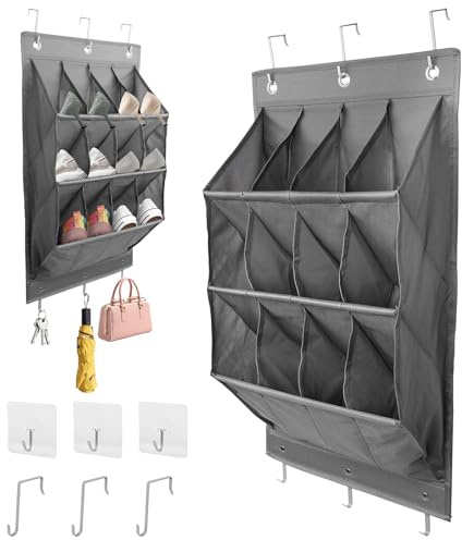 FitRepa Schuhaufbewahrung Hängend Schuh Organizer Hängend mit 12 Großen Taschen, Über der Tür Schuhregal für Schrank mit 3 Metallhaken und 3 Haken Selbstklebend (Grau)