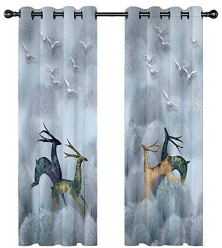 Kinder Gardinen Kinderzimmer Junge Mädchen Blickdicht Grau Blau Hirsch Vogel Verschwommen 140X160Cm 2Er Set Verdunkelungsvorhang Thermovorhang Hitzeschutz Vorhänge Wohnzimmer Schlafzimmer Vorhänge