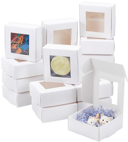BENECREAT 36 Stück Quadratische Papierboxen Mit Transparentem Fenster 7.8x7.6x3.1cm Weiße Papierverpackungsbox Faltbare Geschenkbox Für Geburtstagsfeiern Hochzeiten Abschlussfeiern