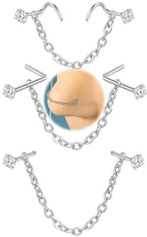 VFUN Näsringar 20G genomskinliga Cz dubbar med kedja rostfritt stål näsa piercing smycken över dubbla Cz näsdubbar nässtift näsborre piercing smycken