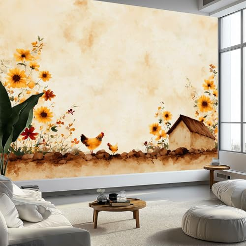 Vlies Fototapete Ländlicher Stil Tapete 350 x 256 cm (B x H), Blumen Hühner Fototapete Schlafzimmer Wohnzimmer Vliestapete Wandtapete Motivtapeten Bildtapete 3d Effekt Wand Dekoration