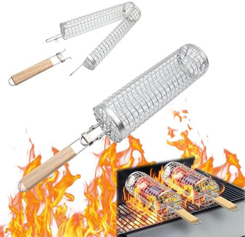 Drehgrillkorb – Edelstahl Grillkorb mit Holzgriff, ideal für Gemüse, Fleisch & Fisch – Grillzubehör für Drehspieß & Holzkohlegrill
