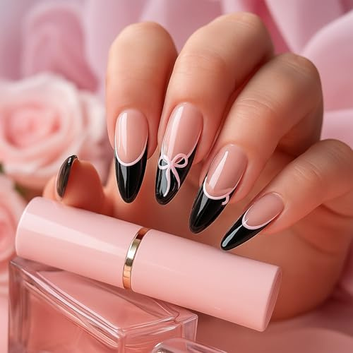Stiletto Press-On False Nails, Nude Pink And Black French Tips, 24-Piece | Glossy Finish, Pale-Pink Outlines And Bow Motifs On Selected Nails, Assorted Sizes, For Home Manicures, Outings And Events