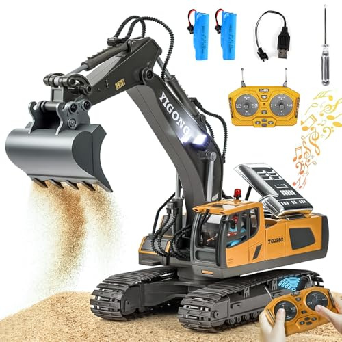 Nzkeuf Remote Control Digger, 1: 20 Scale RC Excavator with Lights & Sound, 2.4GHz Remote Control Digger Boys Toys Age 3 4 5 6 7+,11 Channel RC Construction Digger, Gift for Kid & Adult (Black Gold)