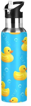 Bouteille d'eau isotherme - 591 ml - Étanche - Pour salle de sport, extérieur, voyage, école - Canards jaunes et bulles - Bleu