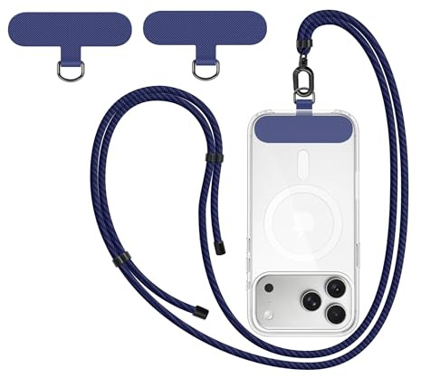 New&Teck Cordone per Telefono Portatile con 2 Patch, Laccetto per Telefono 1,60m Resistente, Regolabile, Elegante compatibile con tutti gli Smartphone, blu, Taglia unica