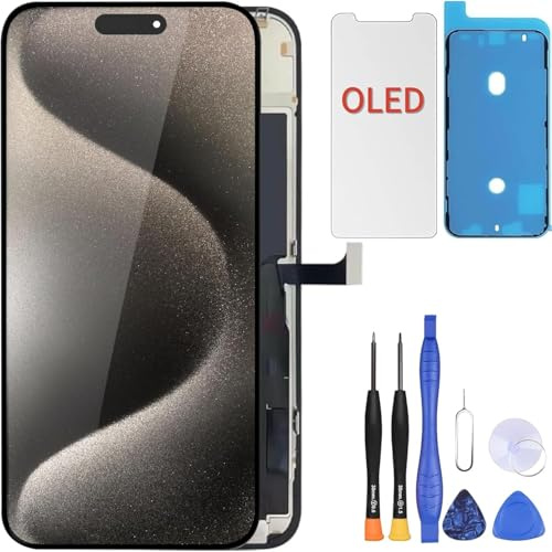 ZOETEC Remplacement d'écran OLED souple pour iPhone 15 Pro Max (PAS LCD) 6,7'' Affichage Full HD COF Écran tactile numériseur cadre d'assemblage avec kits de réparation, adhésif étanche, verre trempé