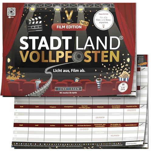 DENKRIESEN Stadt Land VOLLPFOSTEN Film Edition | | DIN A4 Spielblock | Ab 9 Jahren mit kreativen Film- und Kinokategorien für Familie, Freunde und Filmabende.