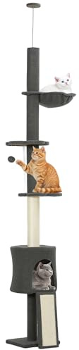 PawHut Kratzbaum Deckenhoch 200-240 cm höhenverstellbar Katzenbaum mit Hängematte, Höhle, Kratzstamm, Rampe, Sitzstangen, Katzenkratzbaum für Katzen unter 5 kg, Dunkelgrau