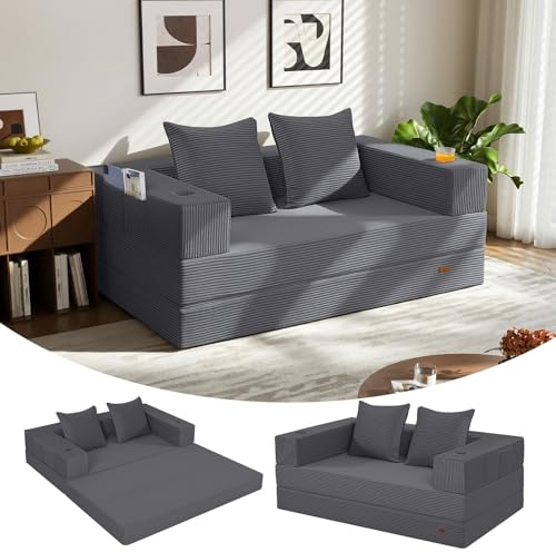 COMAX Futon Sofa Bed, 4‑in‑1 Convertible Sofa Bed, Folding Boneless Couches for Living Room, Fold Out Small Foldable Loveseat Floor Sleeper Comfy Mattress Lounge Space‑Saving, Grey