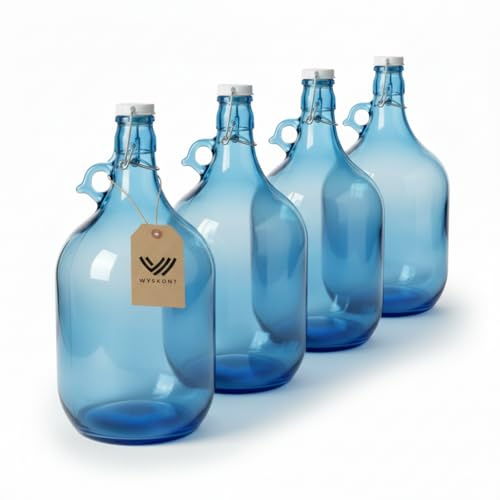 WYSKONT Lot de 4 bouteilles en verre bleu océan de 5 l avec bouchon à étrier et anse - Ballon en verre robuste à paroi épaisse pour conserver l'eau, les jus, le kombucha, le vin et les liqueurs