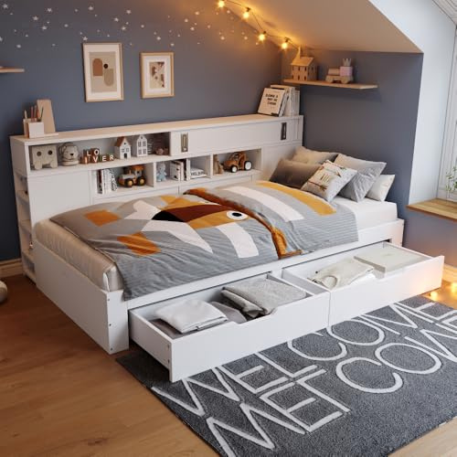 Wyibwy Cama infantil multifuncional 90 x 190 cm, cama individual con cajones, estante y armario, parque con espacio de almacenamiento, sin colchón, color blanco