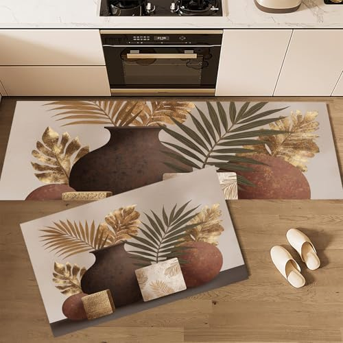 2 Pezzi Tappeti Da Cucina Stile Bohémien, Tappetini Da Cucina Foglie Di Palma In Foglia D'Oro Antiscivolo Lavabile, Per Cucina Corridoio Soggiorno Camera Da Letto, Beige, 40x60cm+40x120cm