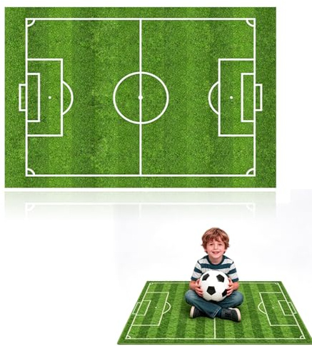 LOMUG Kinderfußball Spielplatz Teppich, Grün Fussball Teppich Kinderzimmer Spiel Teppich, Fußballfeld Dekorative Matte, Spielteppich, Kurzflor Kinderteppich für Jungen Mädchen Jugendzimmer, 80x120 cm