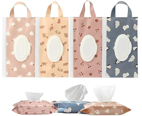 4-pack våtservetter, väska för resor – återanvändbara våtservetter, låda för bebis, med bärrem och gångjärnslock, bärbar våtservettdispenser för skötväska och barnvagn, djurmotiv