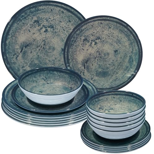 Melamin Geschirr Set Mondgranit Blau-Grau für 6 Personen Camping Picknick