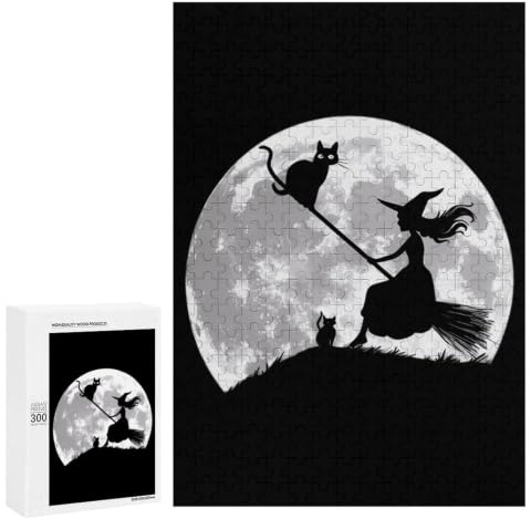 Flying Witch On Broomstick Full Moon Wooden Puzzles for Adults Unique Jigsaw Puzzle Wall Decor