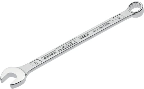 Hazet Llave combinada 600N-8 cromada, Cabeza de llave combinada acodada a 15grados - Salida: hexágono doble externo, anchura entre planos: 8 mm, eje con perfil extra-resistente de doble T