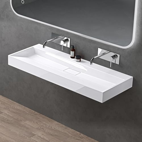 doporro Lavabo sobre Encimera Blanco Brillante 120 cm sin Orificio | Lavabo Suspendido Rectangular para Baño, Incluye Desagüe, Mármol Fundido, Revestimiento Nano, Colossum19