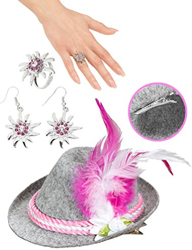 Karneval-Klamotten Oktoberfest Hut Bayern Tirolerhut Seppelhut Damen INKL Ring und Ohrringe Oktoberfest Karneval